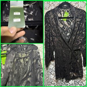 Solemio Black gold paisley Sheer burnout Robe duster kimono cardigan NWT S/M